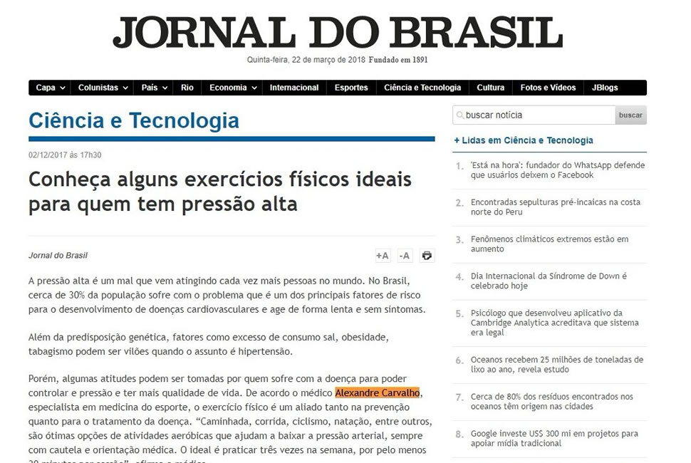 Clipagem: Jornal do Brasil – Conheça alguns exercícios físicos ideais para quem tem pressão alta