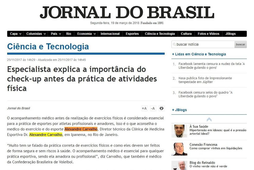 Clipagem: Jornal do Brasil – Especialista explica a importância do check-up antes da prática de atividades física